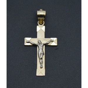 Real 10K Solid Yellow White Gold River Wave Charm Jesus Crucifix Pendant 1.0gram